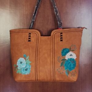Montana West Tan Tote with Blue Hand Painted Floral